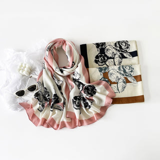 Pink Striped Black Floral Design Luxury Viscose Scarf
