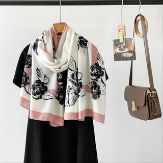 Pink Striped Black Floral Design Luxury Viscose Scarf