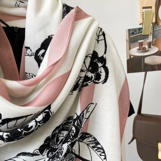 Pink Striped Black Floral Design Luxury Viscose Scarf