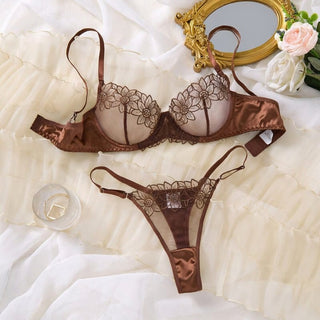 Ultra Thin Sheer Lace Bra and Thong Set - Coffee