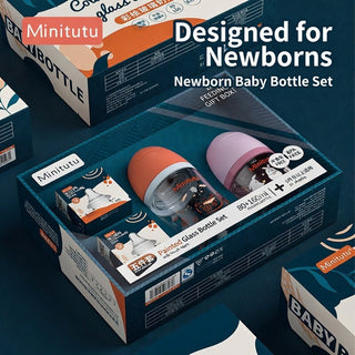 Minitutu Baby Feeding Glass Bottle 5 Piece Gift Box Set for Baby