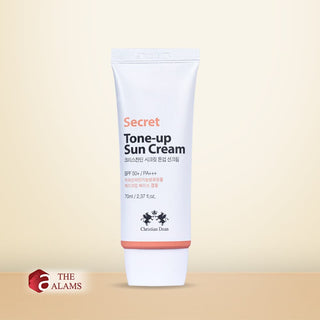 Tube of Secret Tone-up Sun Cream on a beige background