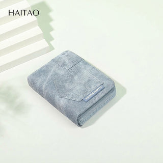 Elegant Women's PU Leather Denim Texture Short Bifold Wallet - Blue