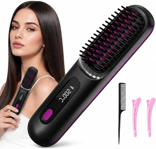 Cordless Portable Ceramic Negative Ion Hair Straightening Styling Brush Onyx