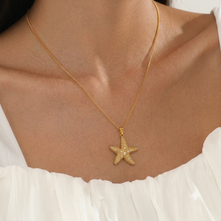 18K Gold Plated Stainless Steel Starfish Pendant Vacation Style Necklace