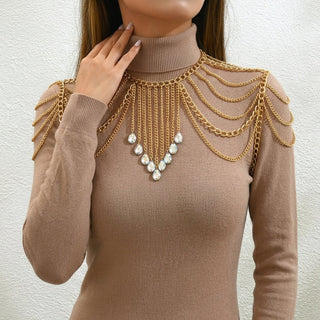 Elegant Multi-Layer Tassel Shoulder Body Chain Jewelry Accessory in Gold