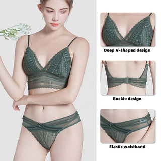 Elegant French Lace Wireless Triangle Cup Lingerie Bra Set - Onyx