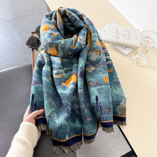 Oil Painted Starry Night Design Elegant Winter Shawl Scarf