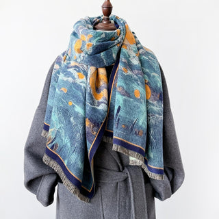 Oil Painted Starry Night Design Elegant Winter Shawl Scarf