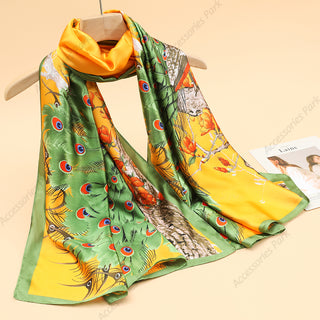 Elegant Peacock Illustration Pattern Printed Beautiful Satin Silk Scarf