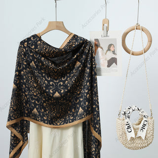 Black & Gilded Elegant Floral Design Satin Silk Scarf