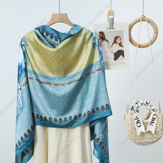 Luxurious Blue Floral Design Printed Satin Silk Scarf
