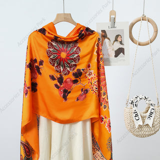 Colorful Floral Design Ethnic Pattern printed Satin Silk Scarf