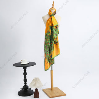 Elegant Peacock Illustration Pattern Printed Beautiful Satin Silk Scarf