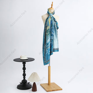 Luxurious Blue Floral Design Printed Satin Silk Scarf