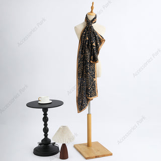 Black & Gilded Elegant Floral Design Satin Silk Scarf