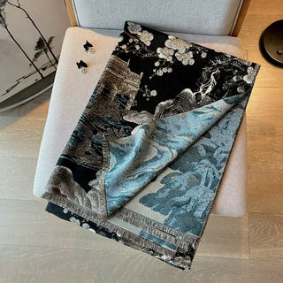 Luxury Dung Huang Art Printed Winter Shawl for Women