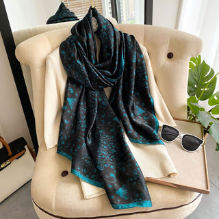 Black & Sea Green Elegant Floral Design Satin Silk Scarf