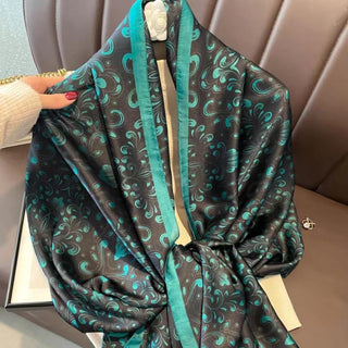 Black & Sea Green Elegant Floral Design Satin Silk Scarf