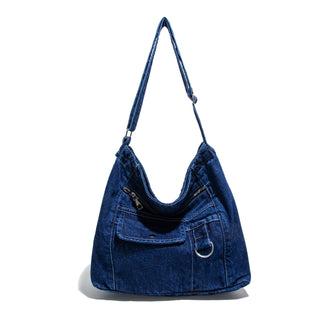 Denim Zipper Tote Bag for Students - Retro Navy Edition