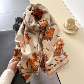 Women's Elegant Orange Floral Design Luxury Winter Shawl