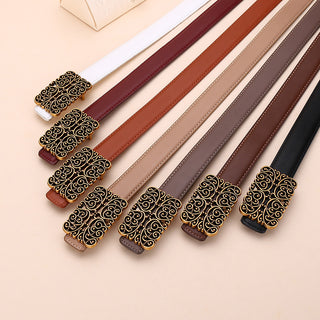 Retro Genuine Leather Belt with Geometric Buckle