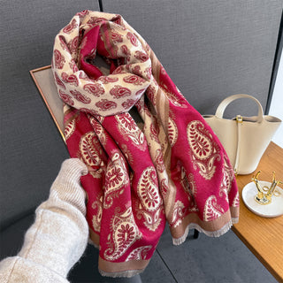 Elegant Double-Sided Red Paisley Cashew Flower Printed Winter Shawl