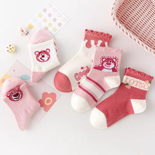 All Seasons Pink Strawberry Bear Design Cotton Winter Socks For Children