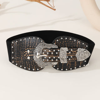 Crocodile Skin Gestured Women's Double Buckle Wide Belt