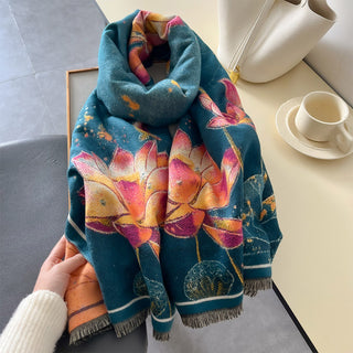 Elegant Lotus Blossom Oil Painting Luxury Winter Shawl For Women