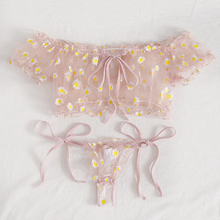Floral Mesh Off Shoulder Lingerie Set with Polka Dot Accents Allure