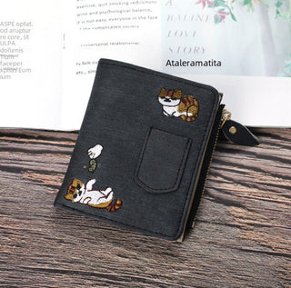 Jeans style Cat Embroidered Canvas Pattern Large-capacity Wallet