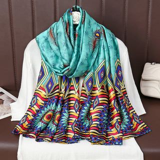 Colorful patterned scarf draped over a white garment with a brown background