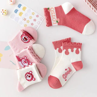 All Seasons Pink Strawberry Bear Design Cotton Winter Socks For Children