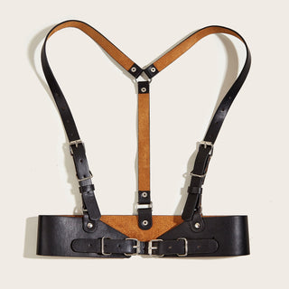 Punk Faux Leather Harness Waist Belt with Adjustable Buckle Straps - Gothic Black