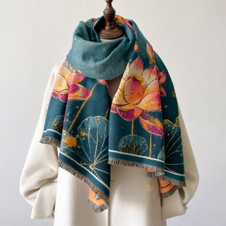Elegant Lotus Blossom Oil Painting Luxury Winter Shawl For Women