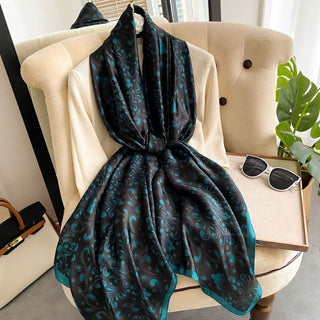 Black & Sea Green Elegant Floral Design Satin Silk Scarf