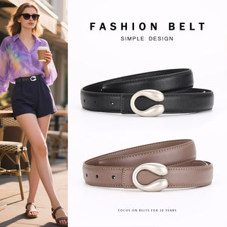 Women's Double-Sided Cowhide Leather Belt with C-Shaped Buckle