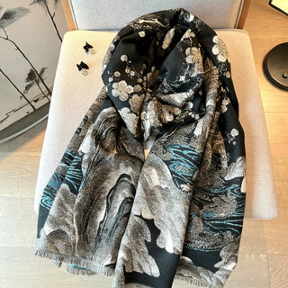 Luxury Dung Huang Art Printed Winter Shawl for Women