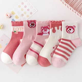 All Seasons Pink Strawberry Bear Design Cotton Winter Socks For Children