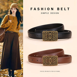Retro Genuine Leather Belt with Geometric Buckle