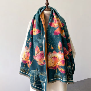 Elegant Lotus Blossom Oil Painting Luxury Winter Shawl For Women