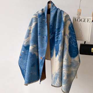 Premium Sky Blue Oil Painting Printed Luxury Winter Shawl for Women