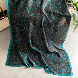 Black & Sea Green Elegant Floral Design Satin Silk Scarf