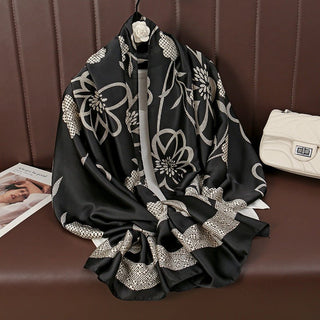 Black & White Floral Design High Quality Women's Silk Scarf