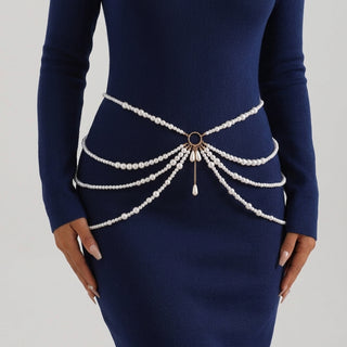 Elegant Multi-Layer Faux Pearl Waist Chain with Gold Tassel Pendant