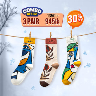 Three pairs of colorful socks hanging on a line with a winter background and combo offer text.