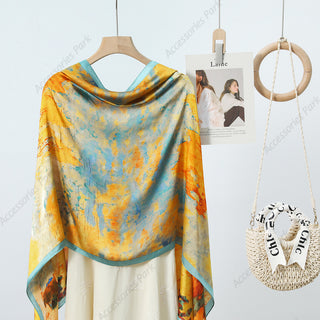 Colorful Oil Painted Design Printed Satin Silk Scarf for Women