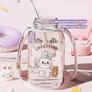 Ou Zhenglang Kids Plastic Straw Cup 600ml Cartoon Strap Design