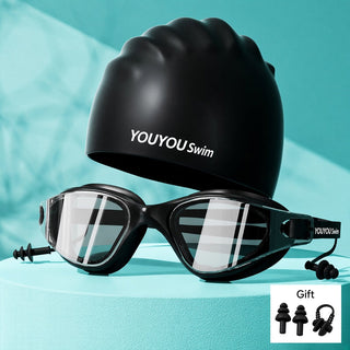 Adult Anti-Fog Waterproof Swimming Goggles with Silicone Cap and Earplugs